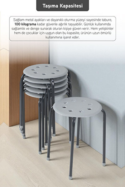 İronika Otto Metal Gövdeli Modern Tabure Mutfak Bahçe Taburesi - 6 Adet Gri