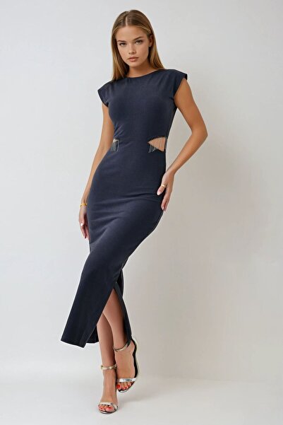 VAGGON Women's Black Tassel Detailed Side Cutout Slit Midi Dress Vs00956