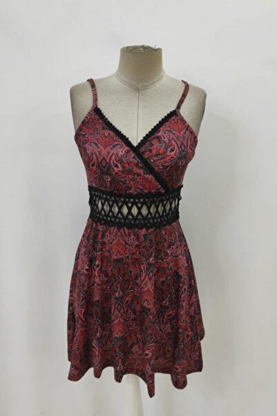 Mossta Kruvaze Yaka Desenli Mini Süprem Elbise - Kırmızı