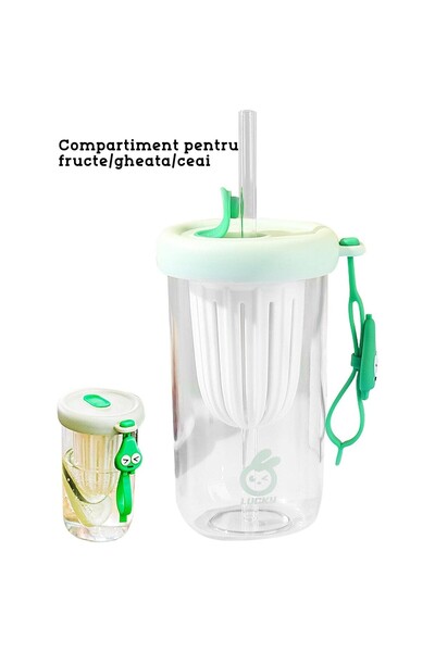 Flippy children's cup with lid & straw, anti-fall, fruit/ice compartment, 500ml, Green