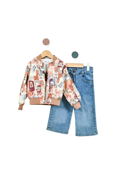 Mamboo Set pentru fete cu jachetă bej, tricou și blugi