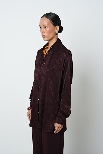 Orfeo Negro Women's Burgundy Color Patterned Gold Button Detailed Oversize Cut Shirt