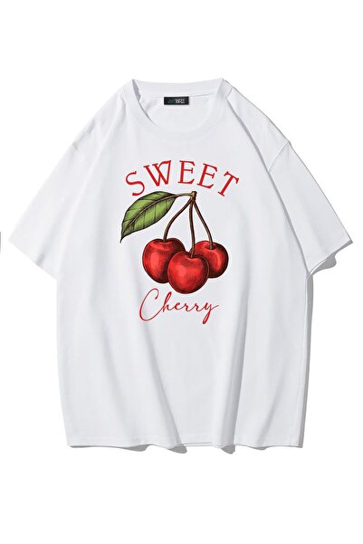 BRZ COLLECTION Tricou oversize Sweet Cherry alb