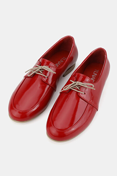 TUNAELLİ Women's Red Patent Leather Genuine Natural Leather Size 36-41 Lace-Up Ballerinas