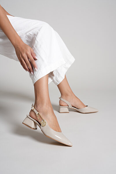 Savves Women's Beige Side Buckle Detailed Open Back Pointed Toe Casual Heeled Shoes