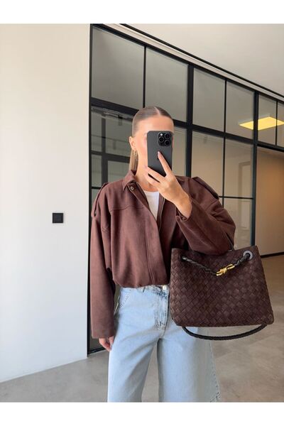 BB Bensu Buyruk سترة بومبر بنية اللون من جلد الغزال