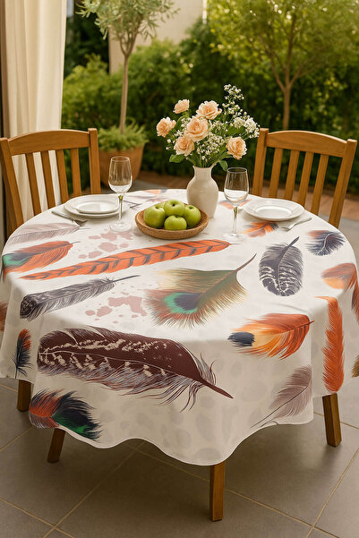 Mira Home Round Feather Patterned Duck Fabric Tablecloth 150X150 cm