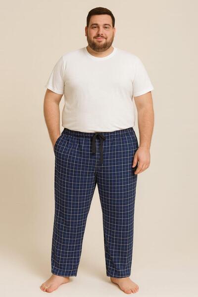 Pemilo Men's Patterned Plus Size 100% Cotton Pocketed Single Bottom Dark Blue