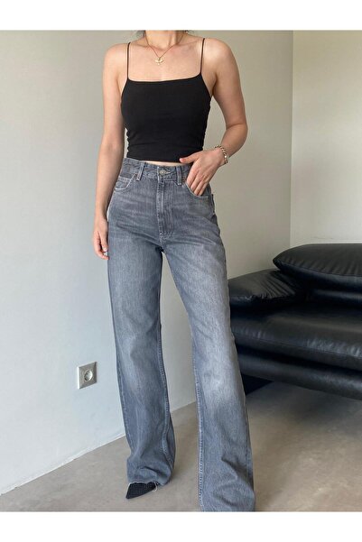 Bade Butik Sive Visok struk Sirovi porub ravne farmerke