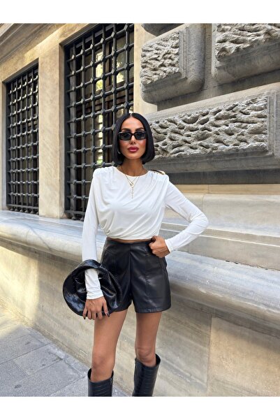 Enie Women's Ecru Accessory Detailed Padded Sandy Fabric Crop Blouse