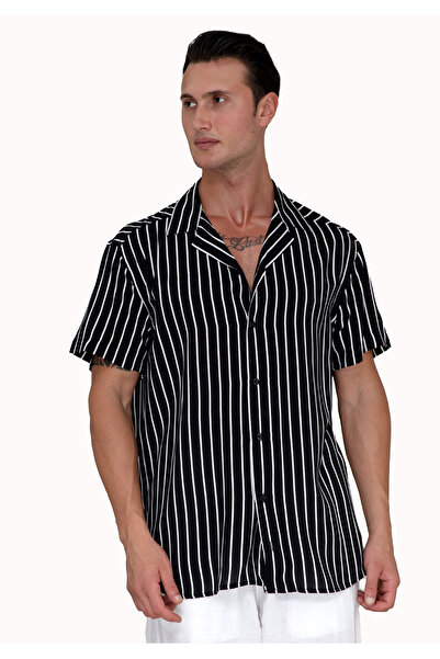 Exve Exclusive Black and White Striped Viscose Hawaiian Short Sleeve Loose Breathable Lapel Oversized Shirt