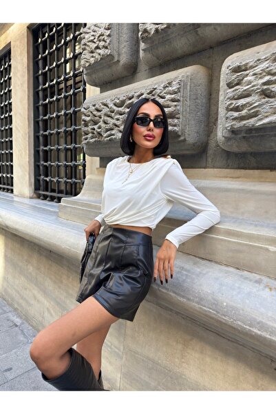 Enie Women's Ecru Accessory Detailed Padded Sandy Fabric Crop Blouse