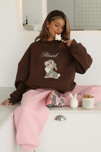 E-ROMA Hanorac unisex din bumbac pieptănat cu 3 fire, cu imprimeu BLESSED RABBIT