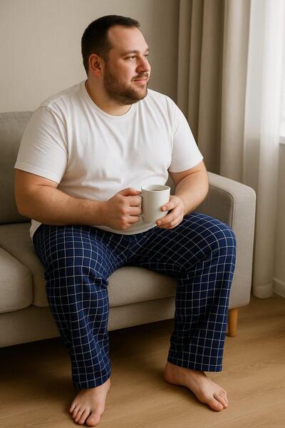 Pemilo Men's Patterned Plus Size 100% Cotton Pocketed Single Bottom Dark Blue