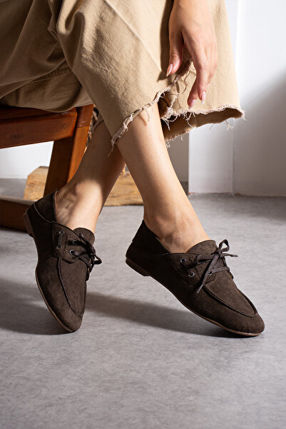 DESPİNA Suly Women's Suede Loafer Shoes – Comfortable Casual Lace-Up Flat Sole Moccasins