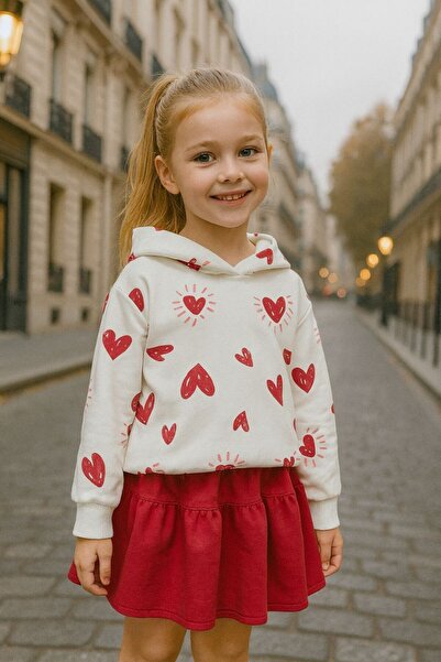 EKNKİDS Heart Printed Hooded Girl's Skirt Suit