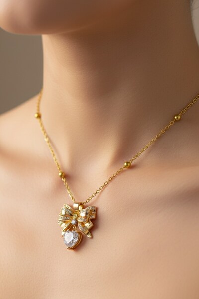 X-Lady Accessories Gold Color Bow White Heart Model Ball Chain Steel Necklace - 3703