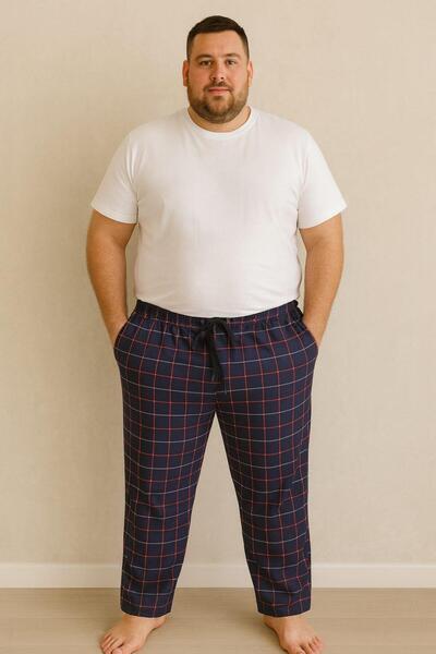 Pemilo Men's Patterned Plus Size 100% Cotton Pocketed Single Bottom Dark-Blue