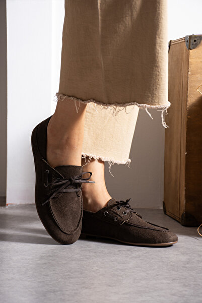 DESPİNA SULY Kadın Süet Loafer Ayakkabı – Rahat Günlük Bağcıklı Düz Taban Mokasen