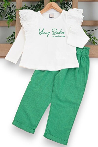 Egelite Girl's 2-3-4-5-6 Years Old White Blouse and Colored Linen Pants 100% Cotton 2-Piece Top and Bottom Set