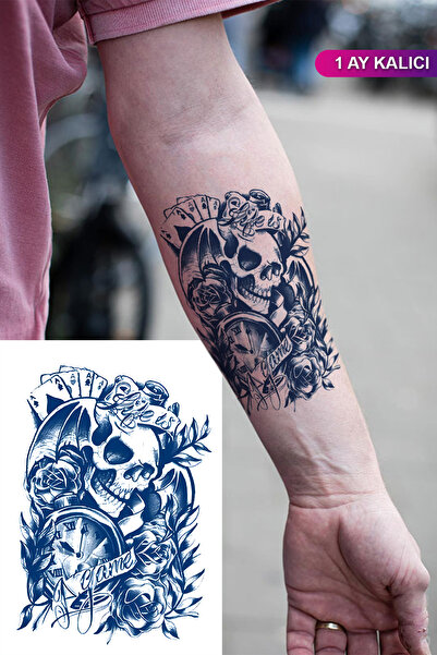 BP Tattoo 1 Ay Kalıcı Kurukafa ve İskambil Dövmesi Tattoo