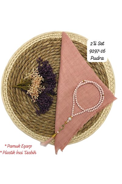 Sedef Pudra Pamuk Eşarp ve İnci Tesbih 2'li Hediye Seti