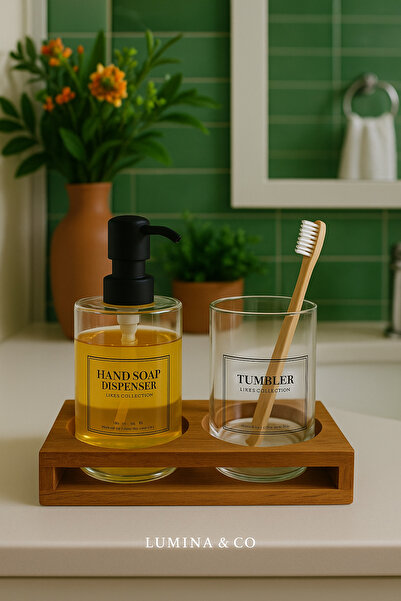 LUMİNA Borosilikat Cam 3’lü Set – Sabunluk, Diş Fırçalık ve Ahşap Stand