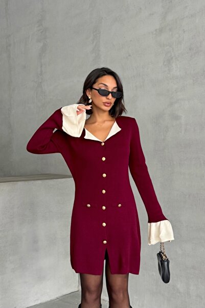 Lusin Women's Burgundy Stylish Buttoned Elegant Mini Knitwear Dress with Sleeve and Neck Detail