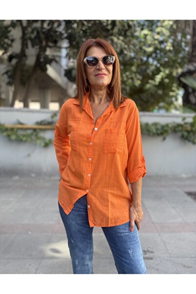 DenizEge Double Pocket Cotton Shirt Orange