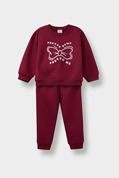 DeFacto 2-Piece Printed Soft Fleece Inside Burgundy Baby Girl Top and Bottom Set F0543A5/Br285