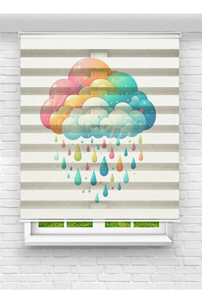 akel collection Renkli Bulut ve Yağmur Damlası Desenli Dijital Baskılı Zebra ...