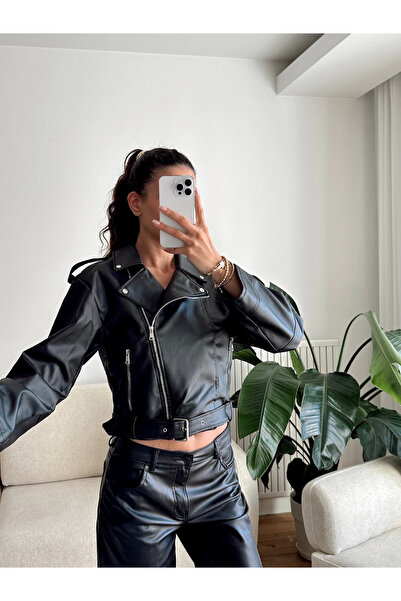 Zoom Butik Kemerli Biker Deri Ceket - SİYAH