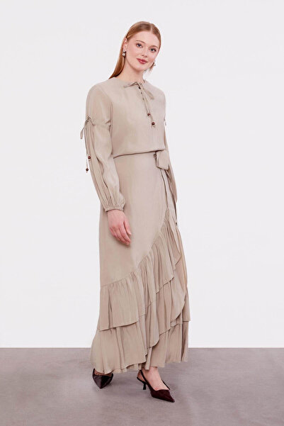 trender Side-Tie Beige Women's Top and Bottom Set 131035