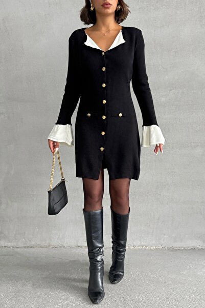 Lusin Women's Black Stylish Buttoned Elegant Mini Knit Dress with Sleeve and Neck Detail