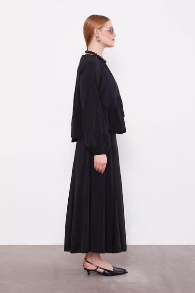 trender Black Women's Top and Bottom Set with Ribbon Lace Detail Skirt 131036