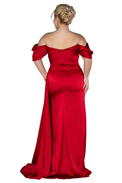 Arden Plus Size Long Evening Dress, Satin Boat Neck, Stone Detail Slit Mermaid Wedding, Graduation Dress, 46-56