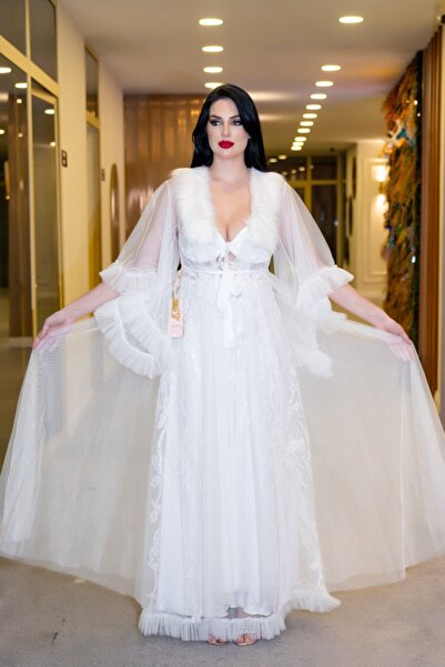 Lama Lingerie 2-Piece Satin Feather Lace Bridal Robe