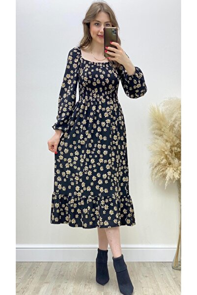 MaziButik Long Sleeve Daisy Crepe Dress Black Black