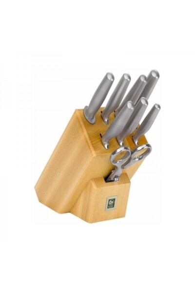 ICEL Set of 6 kitchen knives with stand, sharpening tool and multifunctional scissors, Platina Natur