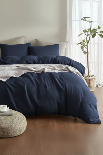 Valoroso Tekstil 100% Cotton Muslin Duvet Cover Set with Elastic Sheet and 2 Pillowcases Double Size