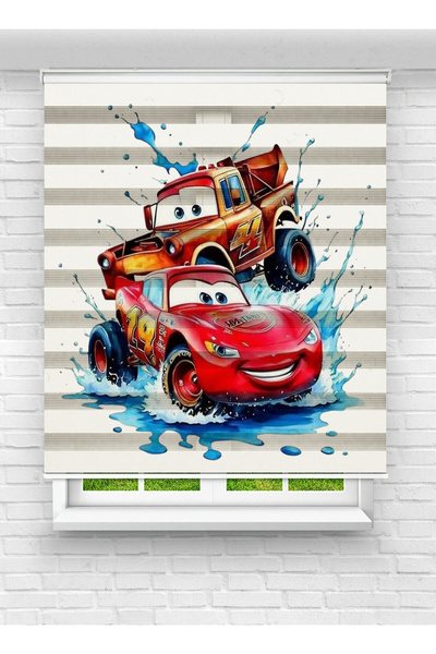 akel collection Kırmızı ve Kahverengi Yarış Arabası Desenli Baskılı Zebra Sto...