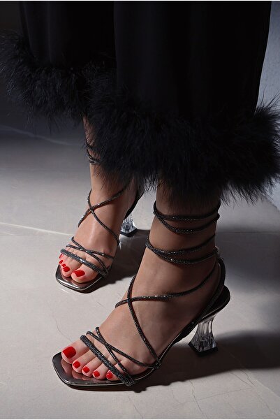 POLKA STORE Elegance Stone-Embellished Sparkling Silver Lame Gray Ankle-Strap Transparent Heeled Stylish Evening Dress Shoes