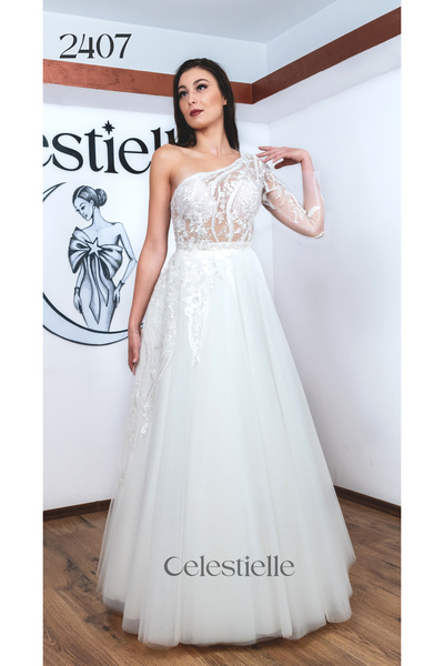 Celestielle Princess Wedding Dress – Asymmetrical One-Sleeve, Open Back, Floral Lace, Sequins & Beads