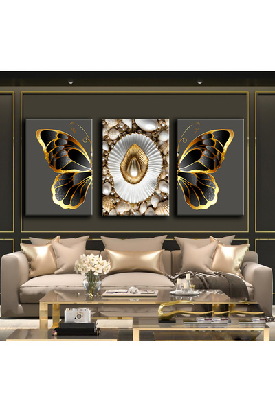 Harikabirev White-Gold Pearl Painting 01 |   3-Piece Vertical Frameless Canvas Painting Chsdkyknvs