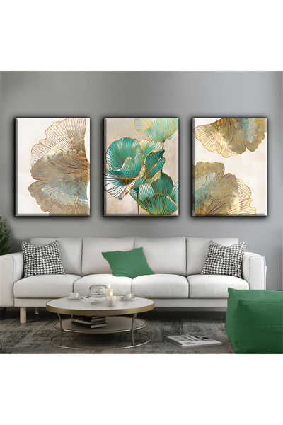 Harika bir ev Pictură abstractă cu flori verde-aurii | TABLO PE Pânză FĂRĂ CA...