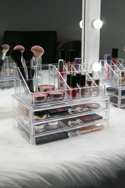 Fesya Home 2’li Şeffaf Organizer Set – 3 Çekmeceli ve 16 Bölmeli Makyaj, Takı...