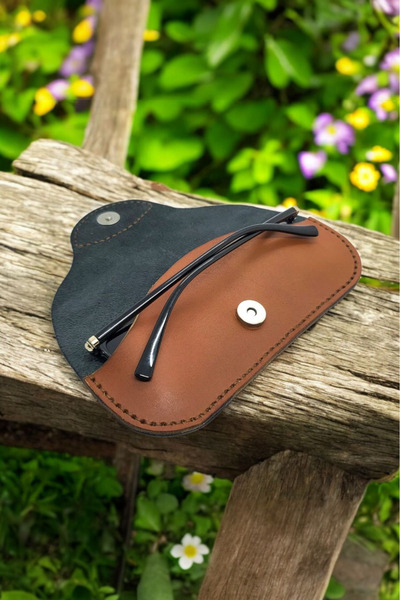 Leather Cy Vista Yeşil Konyak Hakiki Deri Unisex El Yapımı Gözlük Kabı
