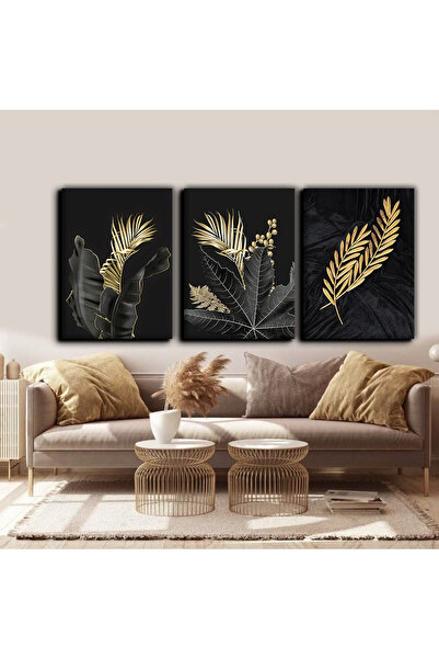 Harikabirev Black-Gold Leaf Plant Painting 02 | 3-Piece Vertical Frameless Canvas Painting Chsdkyknvs