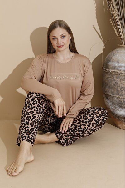 makkash Women's Milan Fabric Plus Size Curve Printed Mink Colored Long Sleeve Pajama Set