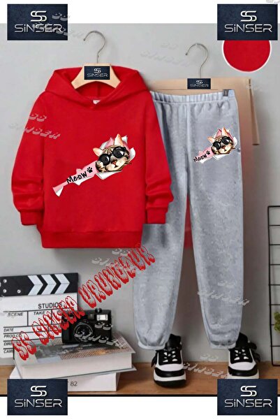 SS SİNSER Παιδικό Unisex Σετ Φόρμας με Κουκούλα και Ειδική Στάμπα "CAT PINK M...